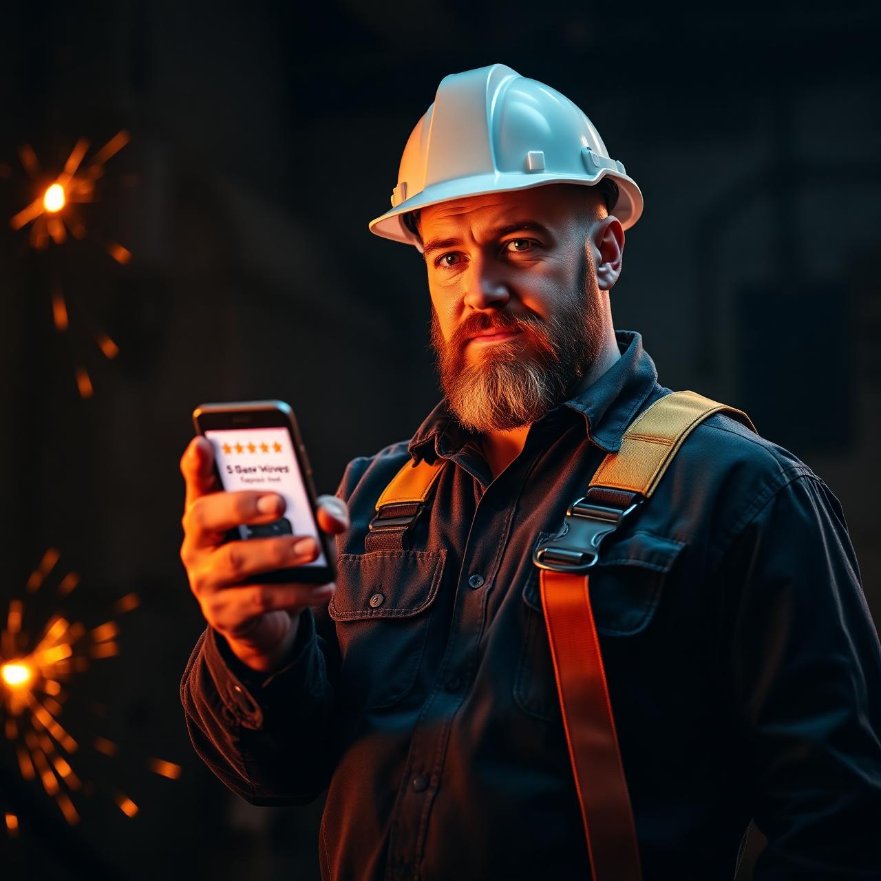 Local contractor checking reviews on phone